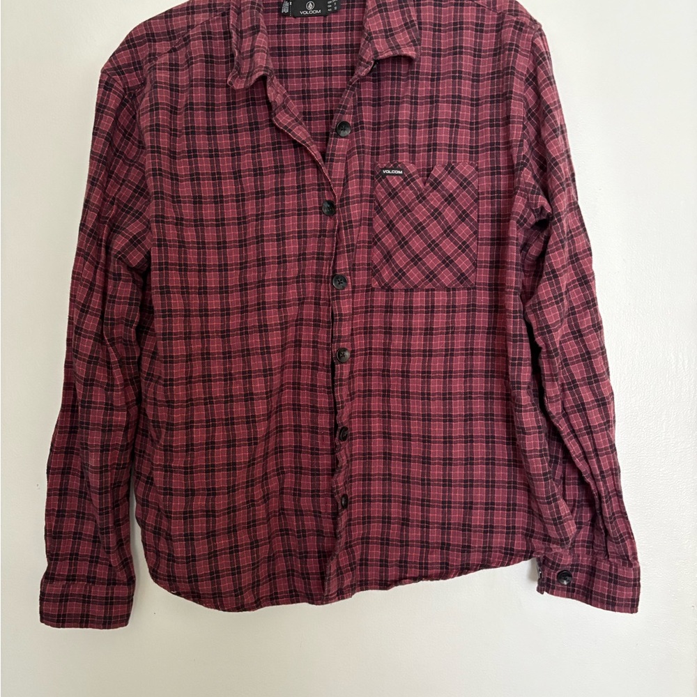 Volcom Women's Red and Black Plaid Button Down Shirt